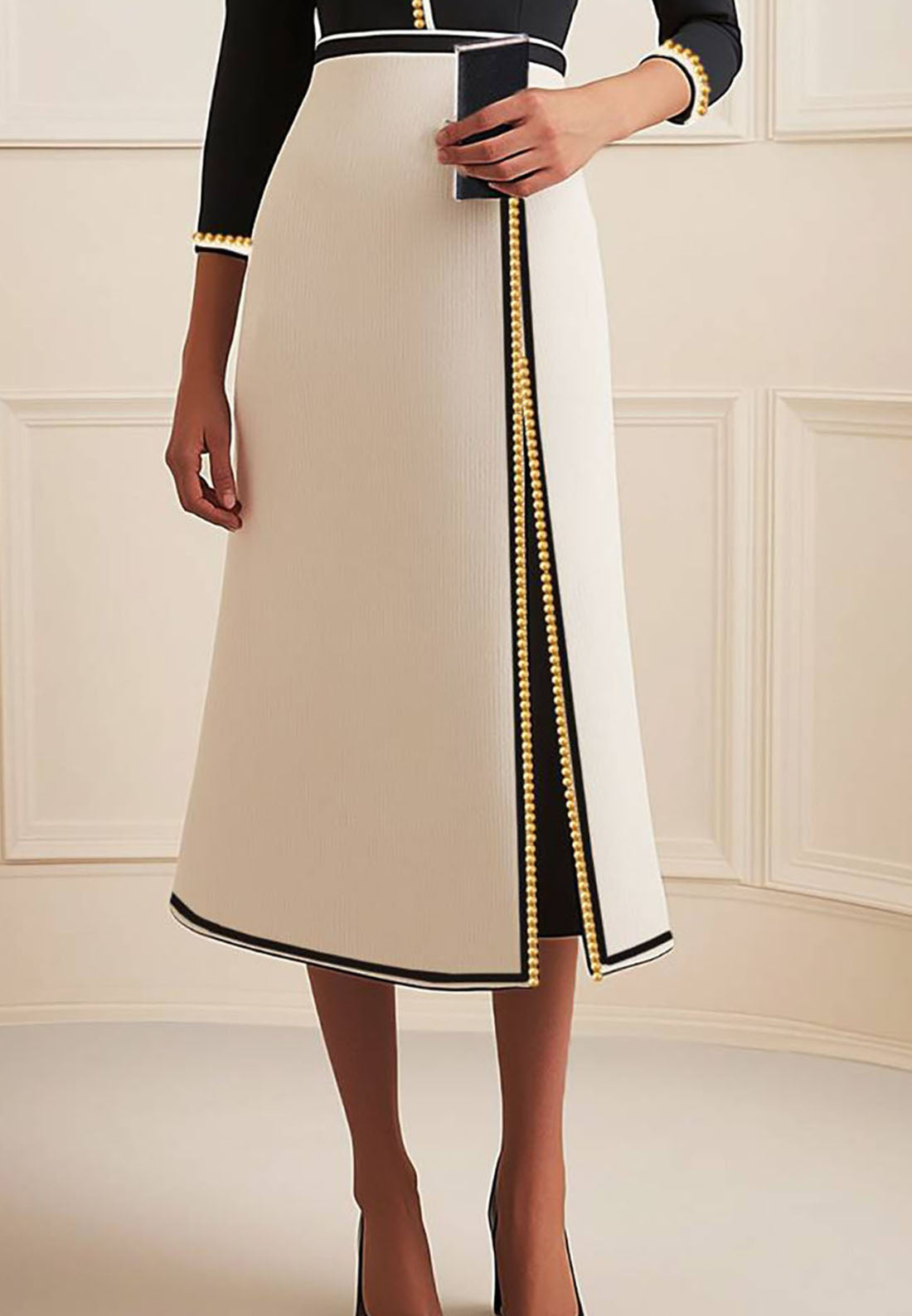 Daily V-neck Dress Pearl Black and White Colo A-Line Midi Dress