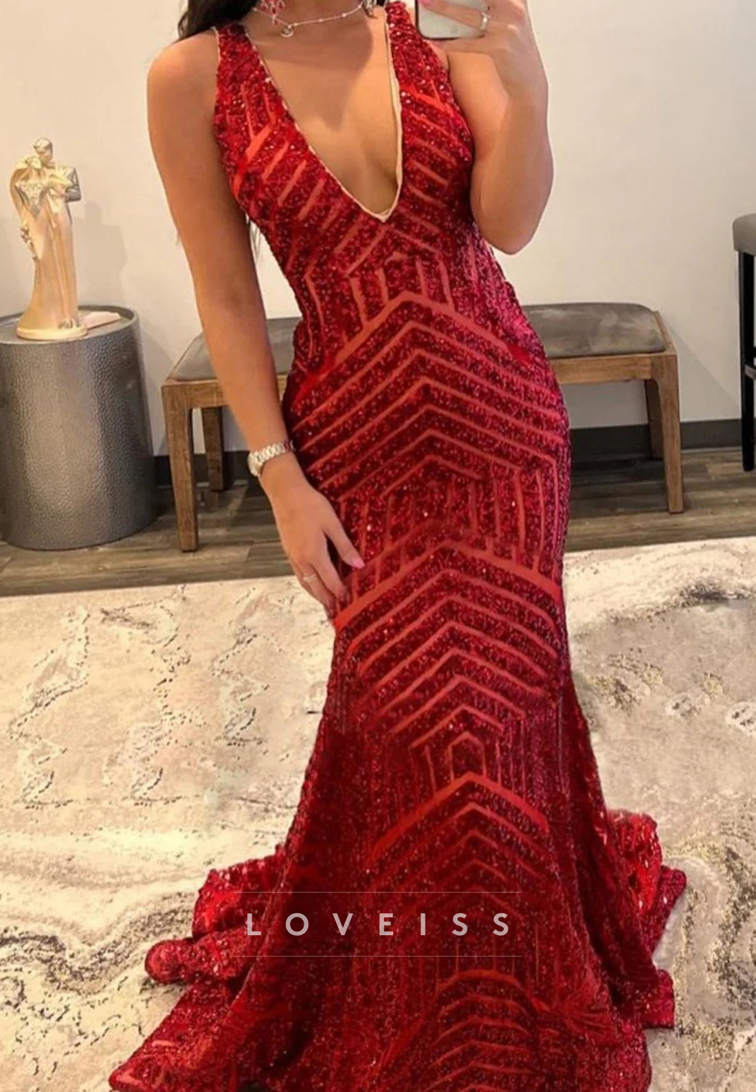 Deep V-Neck Sequins Sparkly Mermaid Prom Dress