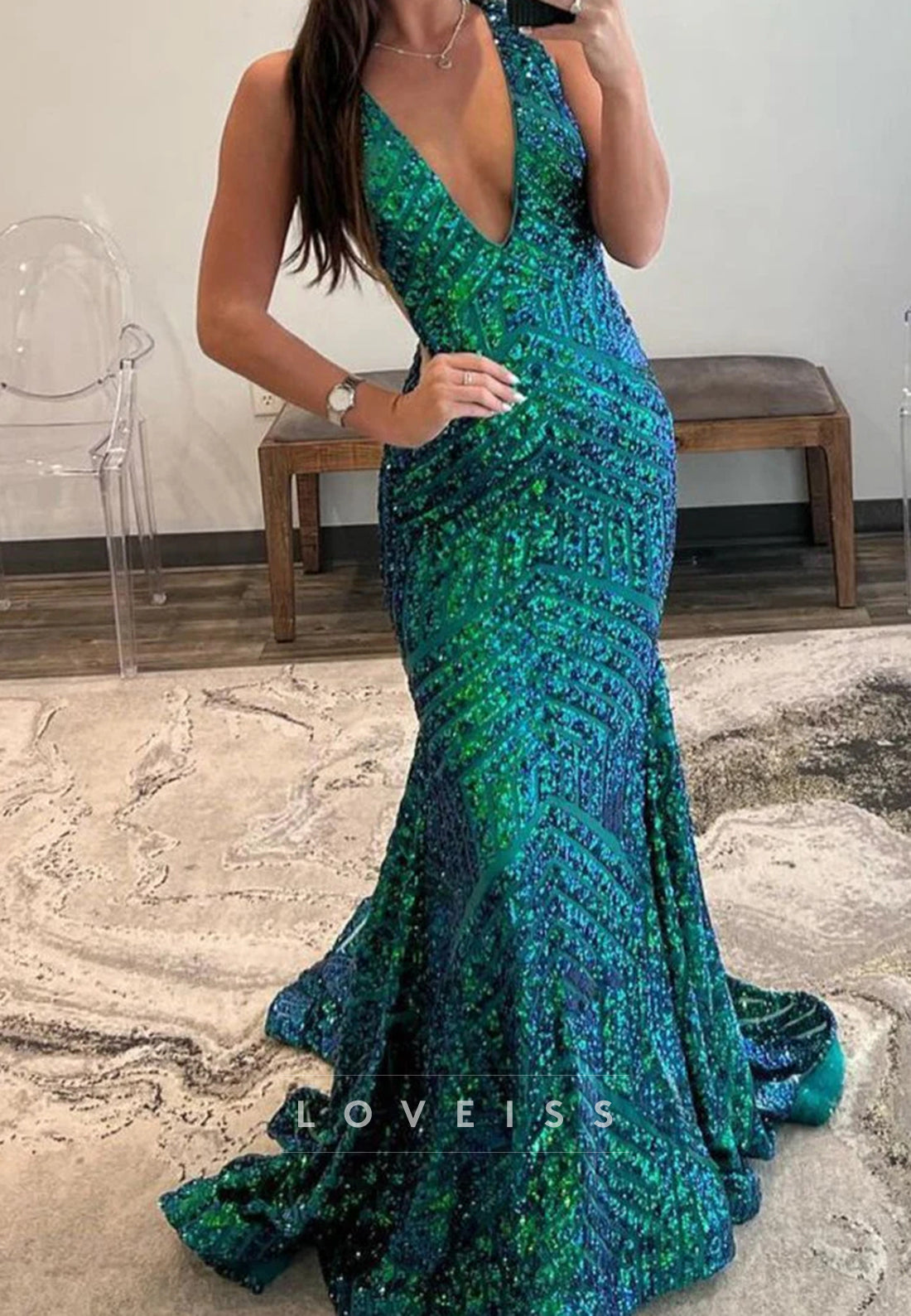 Deep V-Neck Sequins Sparkly Mermaid Prom Dress