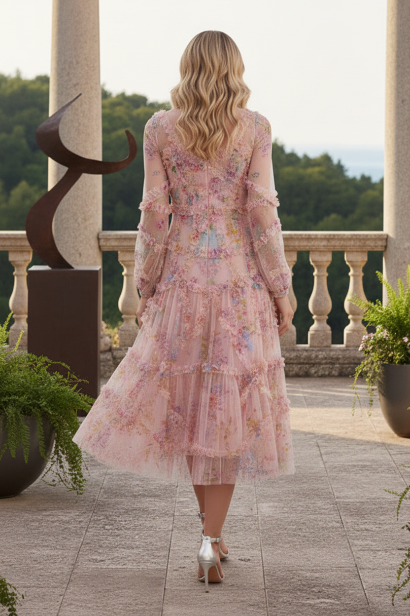 Scoop Floral Printed A-Line Wedding Guest Dress