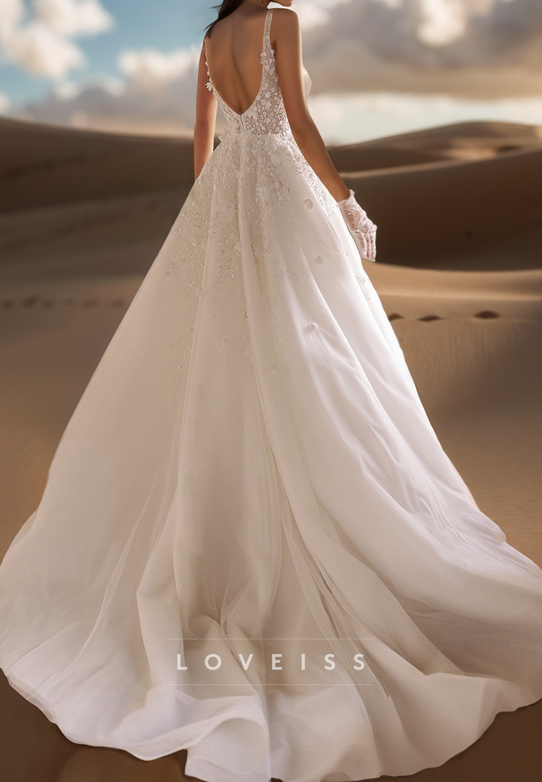 Floral Appliques Scoop Spaghetti Straps Ball Gown Wedding Dress