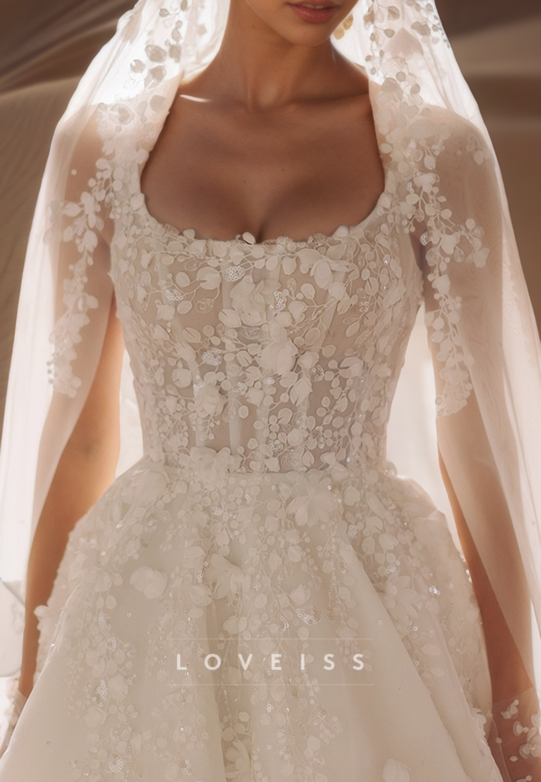 Floral Appliques Scoop Spaghetti Straps Ball Gown Wedding Dress