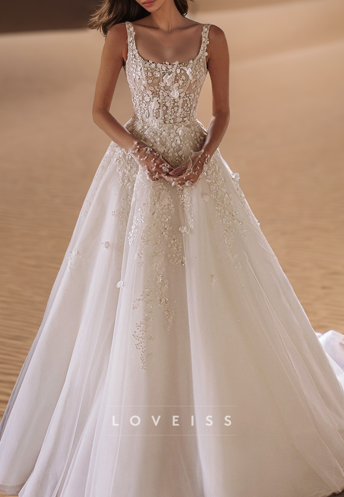 Floral Appliques Scoop Spaghetti Straps Ball Gown Wedding Dress