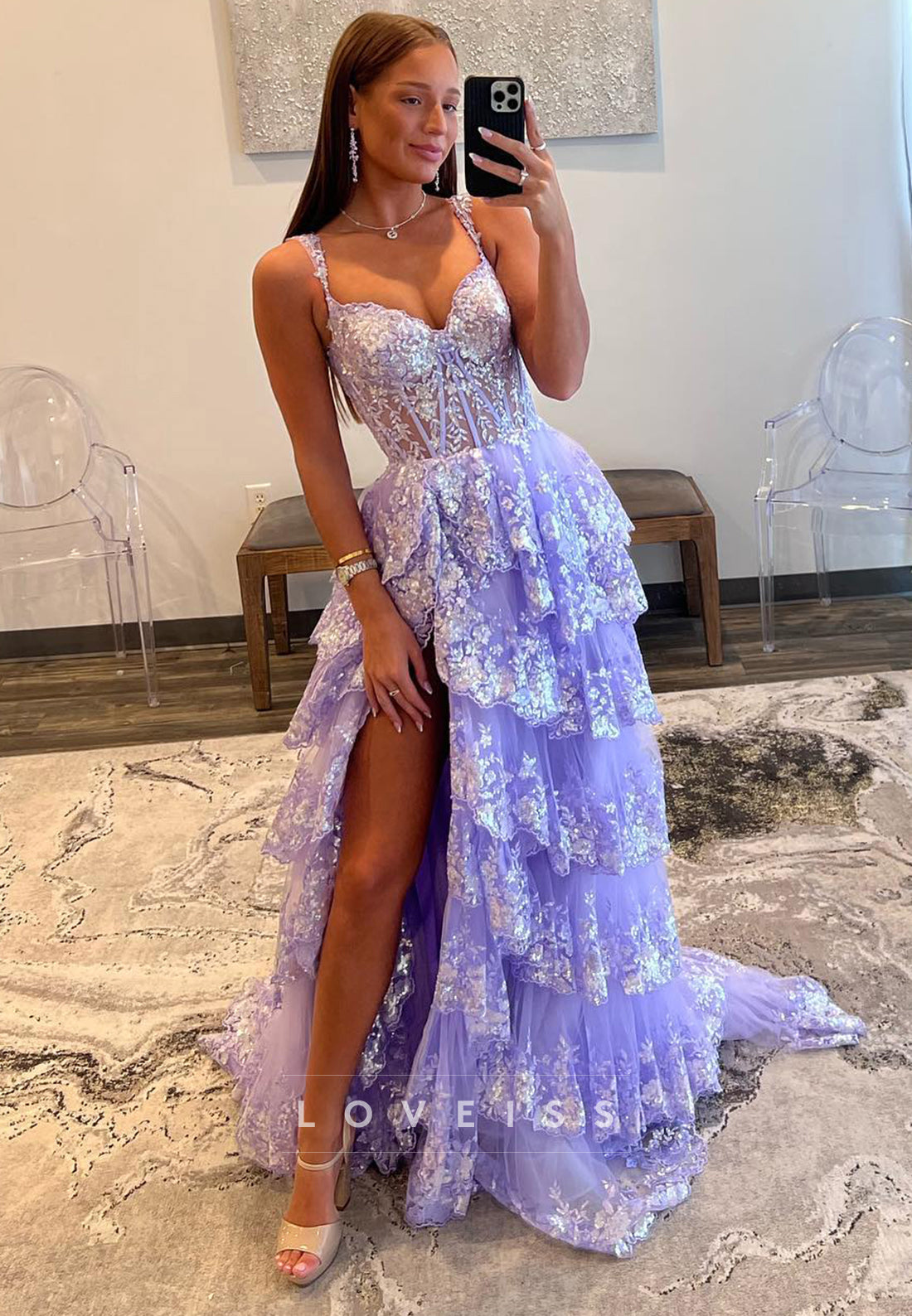 Sweetheart Sleeveless Appliques Tiered A-Line Prom Dress