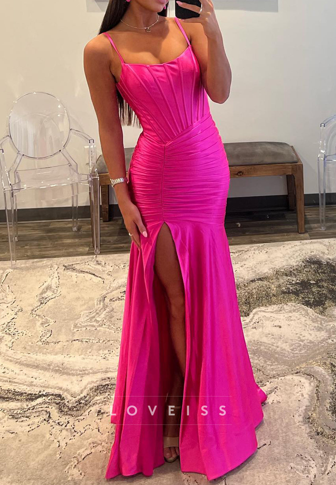 Scoop Spaghetti Straps Ruched High Slit Mermaid Prom Dress