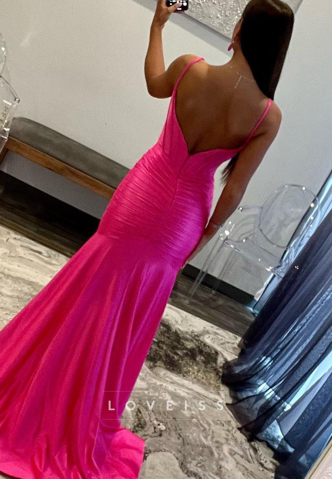 Scoop Spaghetti Straps Ruched High Slit Mermaid Prom Dress