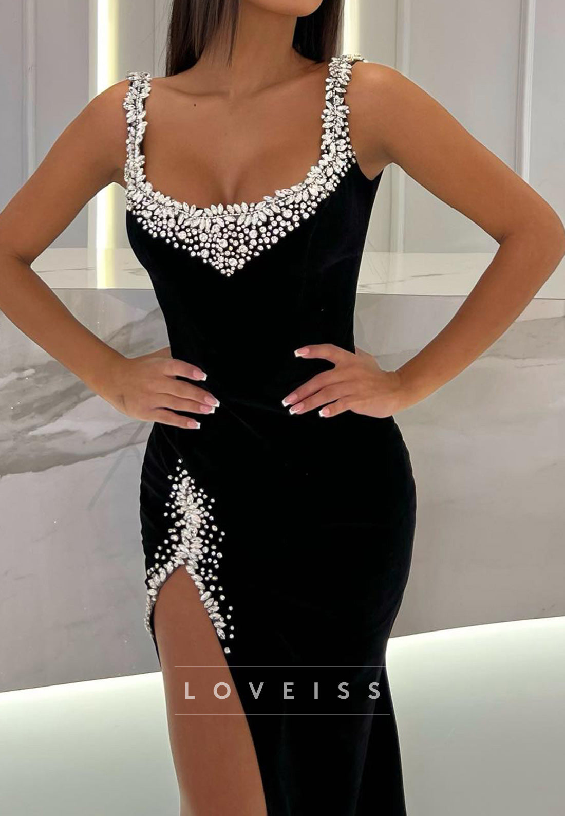 Scoop Sleeveless Pearl Beaded High Slit Mermaid Prom Dress