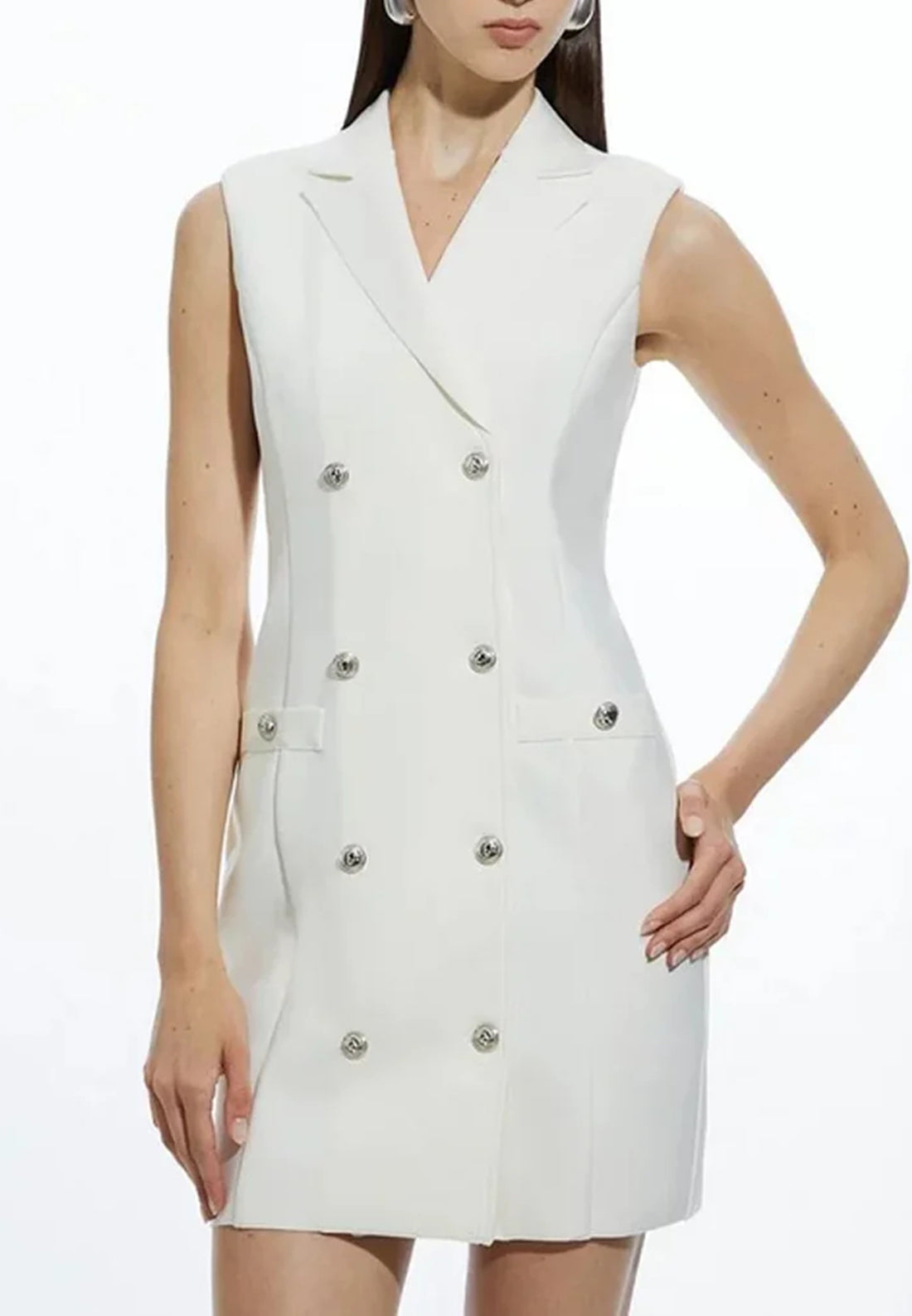 Gloria White Mini Blazer Sheath Sleeveless Button Short Work Dress