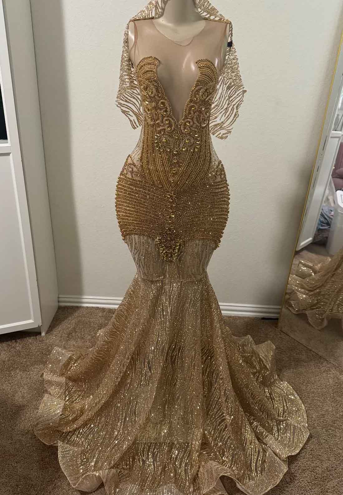 Gold V-Neck Sleeveless Beadedd Pleated Mermaid Prom Dress for Black Girls