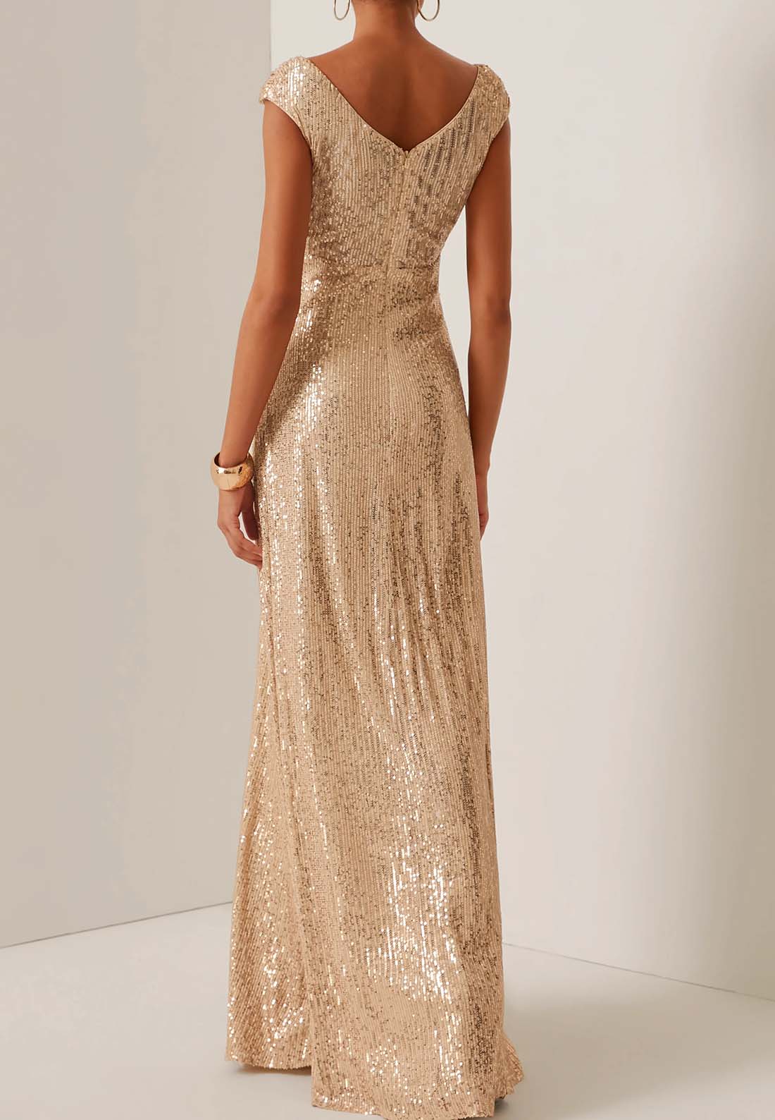 Golden Sequin Sleeveless V-Neck Long A-line Gown