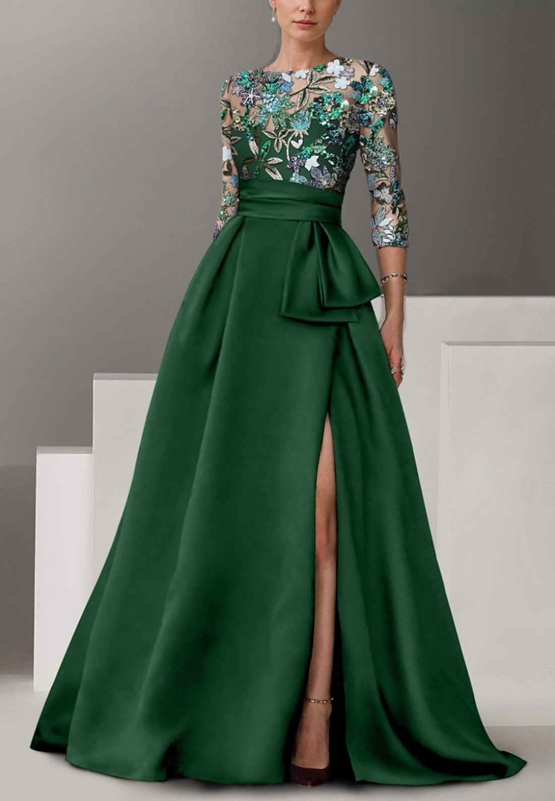 Green Floral Embroidered A-Line Evening Gown Elegant Dress Half Sleeve with Bow