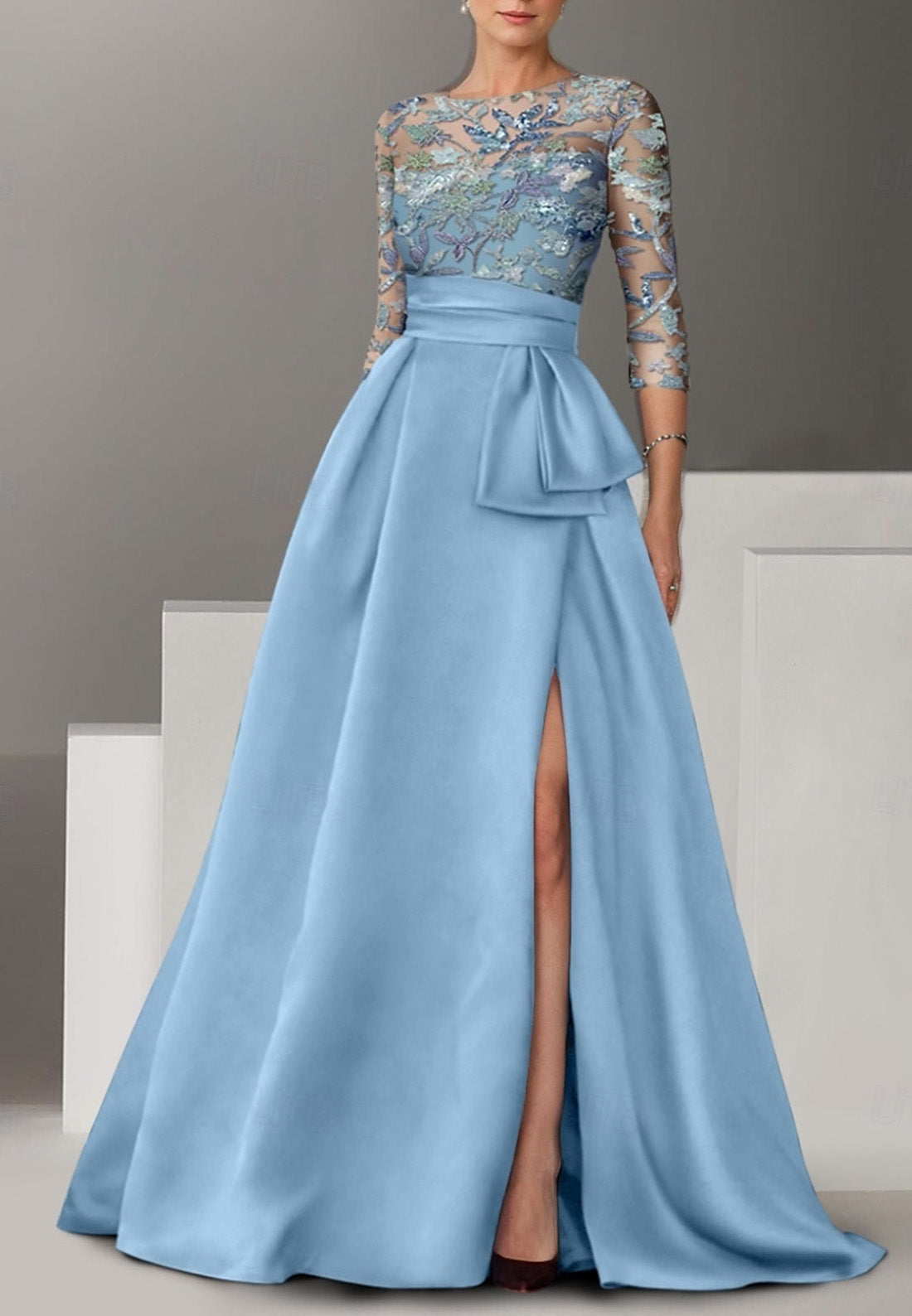 Green Floral Embroidered A-Line Evening Gown Elegant Dress Half Sleeve with Bow