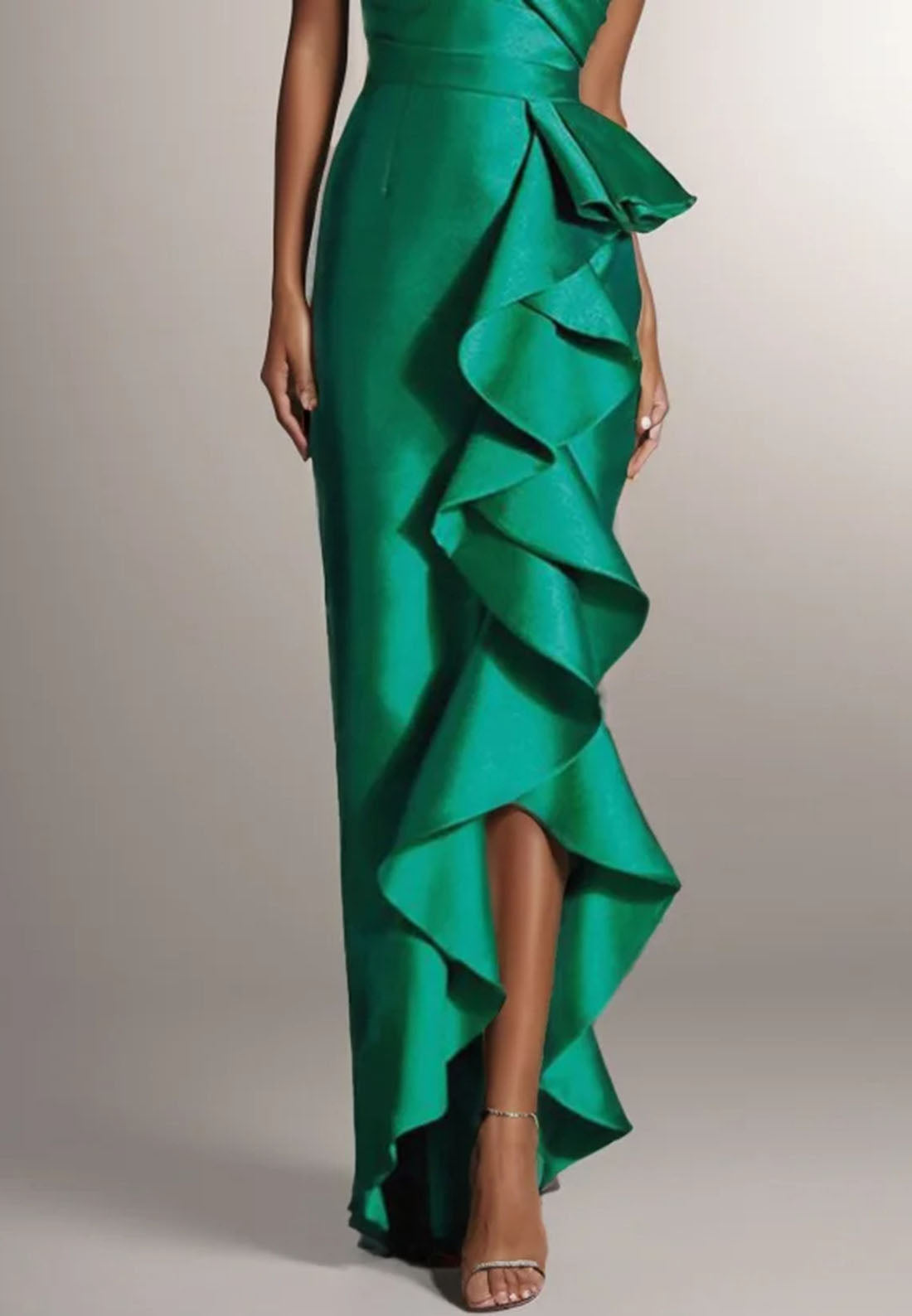 Green Ruffled Off The Shoulder Sheath Maxi Dress