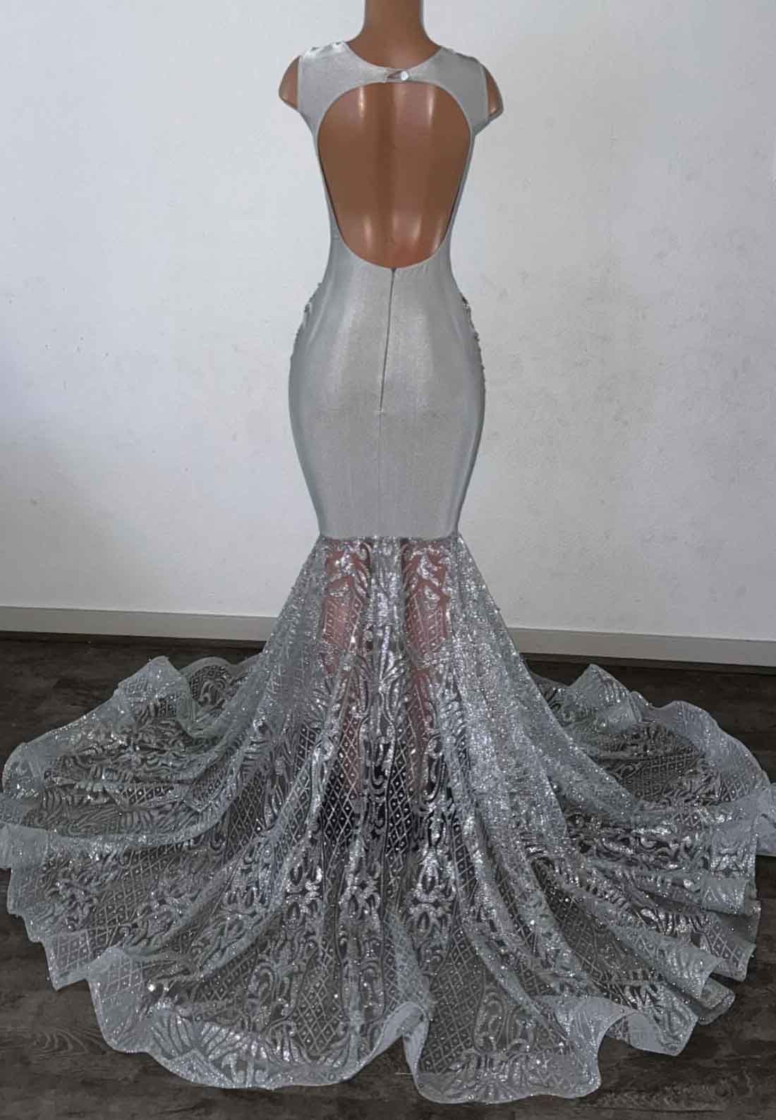Grey Sparkly Appliques Sheer Beaded Mermaid Prom Dress for Black Girls