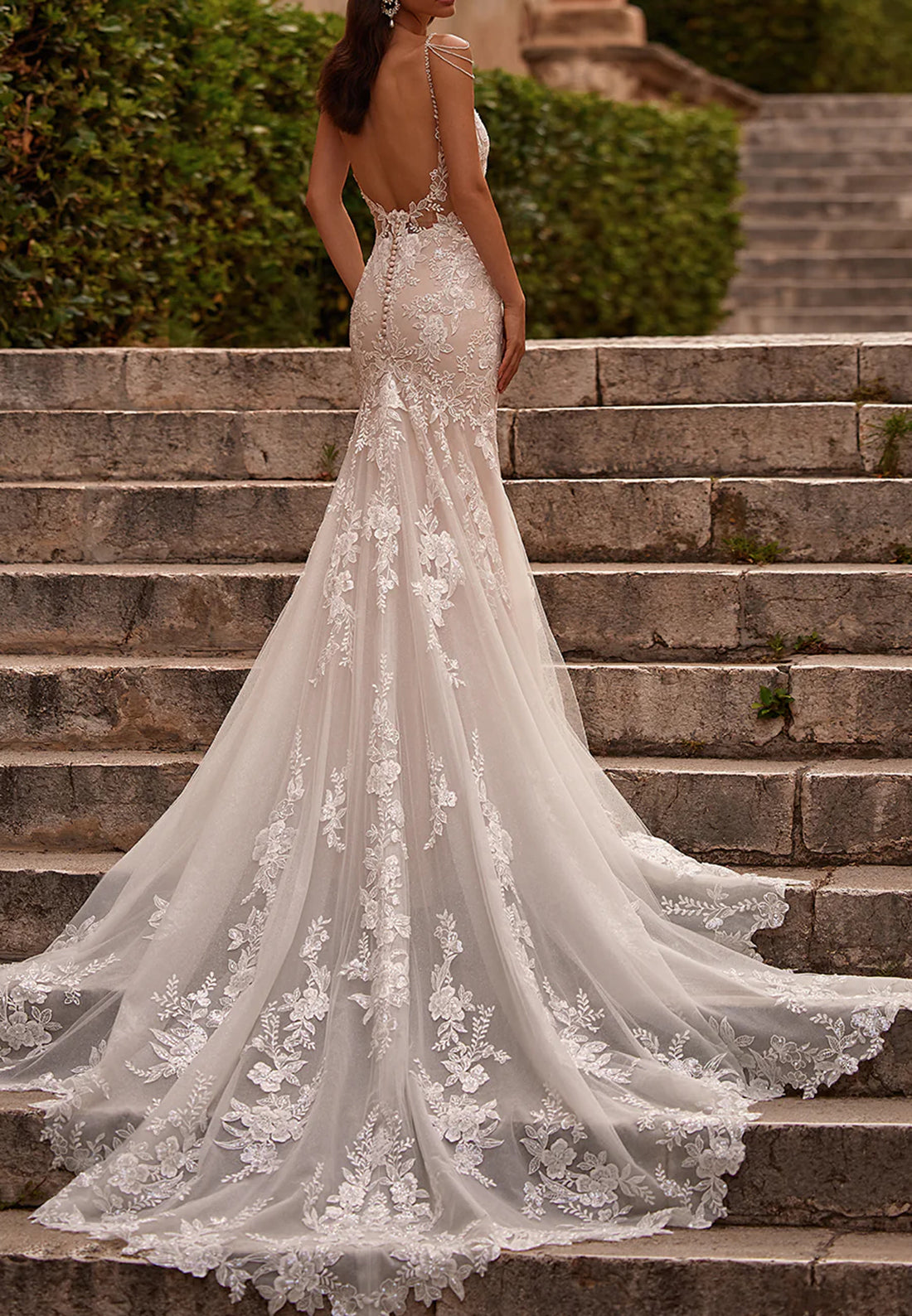 V-Neck Straps Floral Appliques Mermaid Wedding Dress