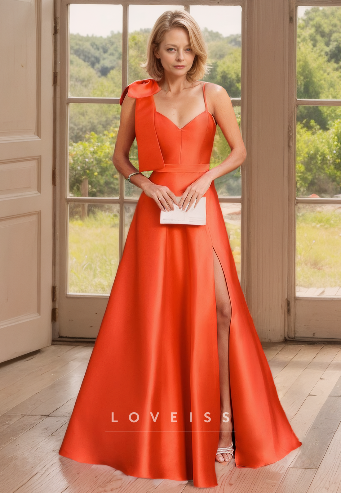 V-Neck Sleeveless Bowknot Sleek Side Slit Satin A-Line Mother of Bride Dress