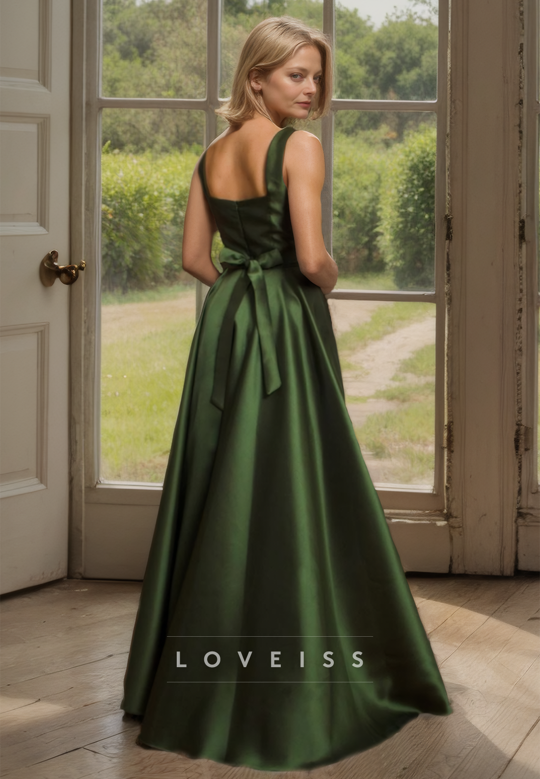 Square Sleeveless Pleated Satin A-Line Mother of Beide Dress