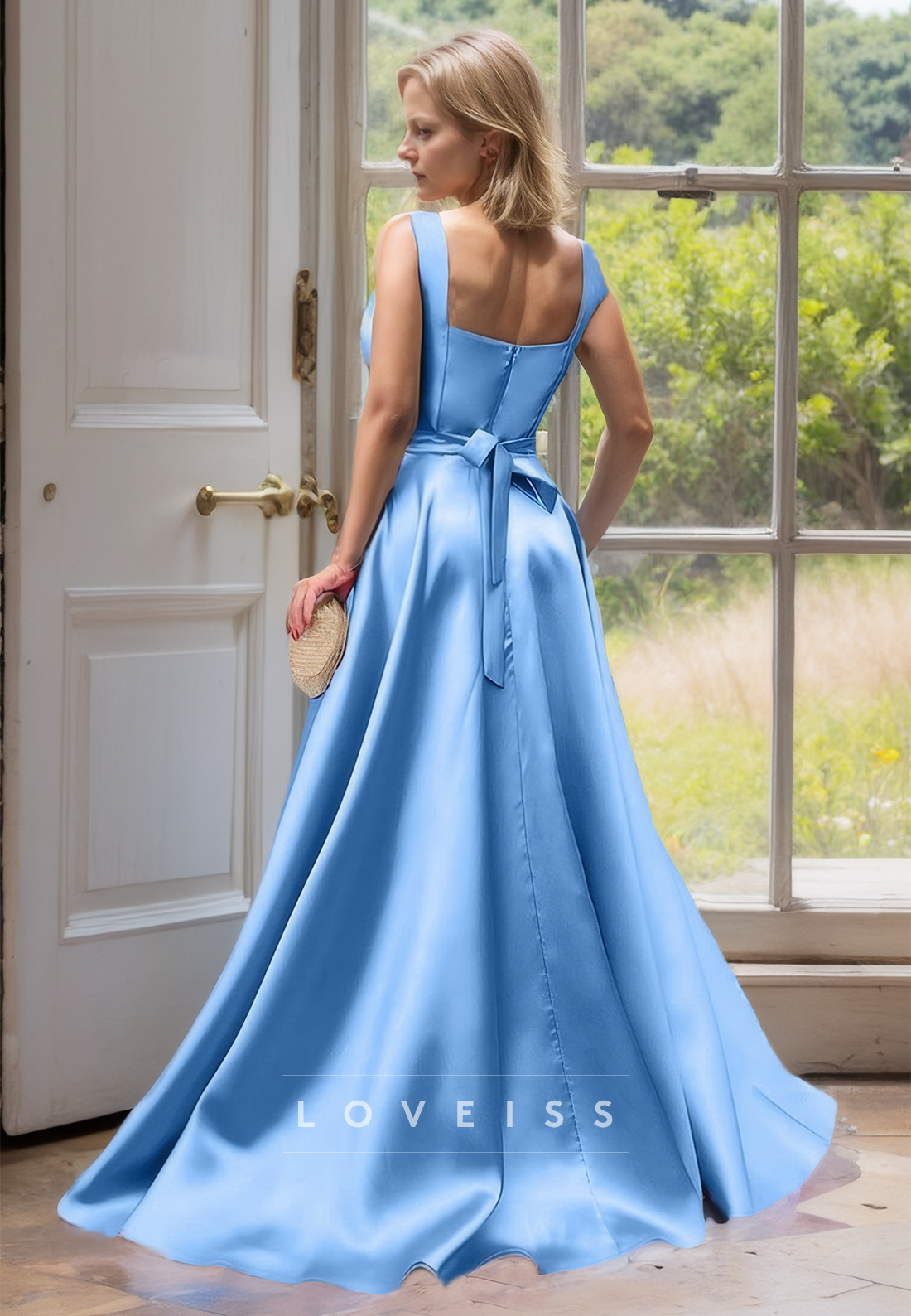 Square Sleeveless Pleated Satin A-Line Mother of Beide Dress
