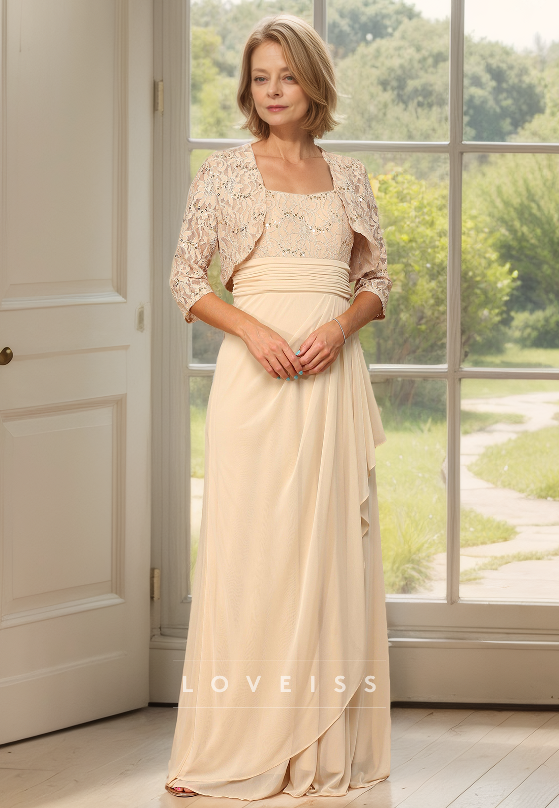 Square Long Sleeves Appliques Chiffon Pleated Ruched A-Line Mother of Bride Dress