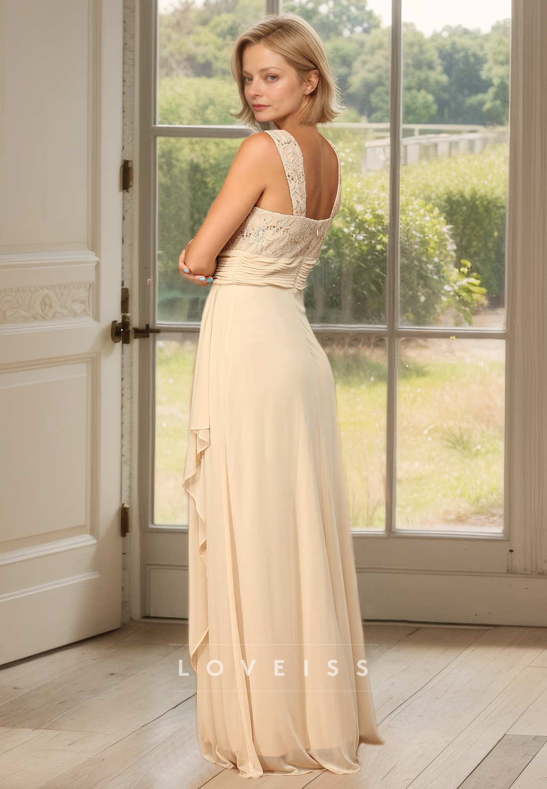 Square Long Sleeves Appliques Chiffon Pleated Ruched A-Line Mother of Bride Dress