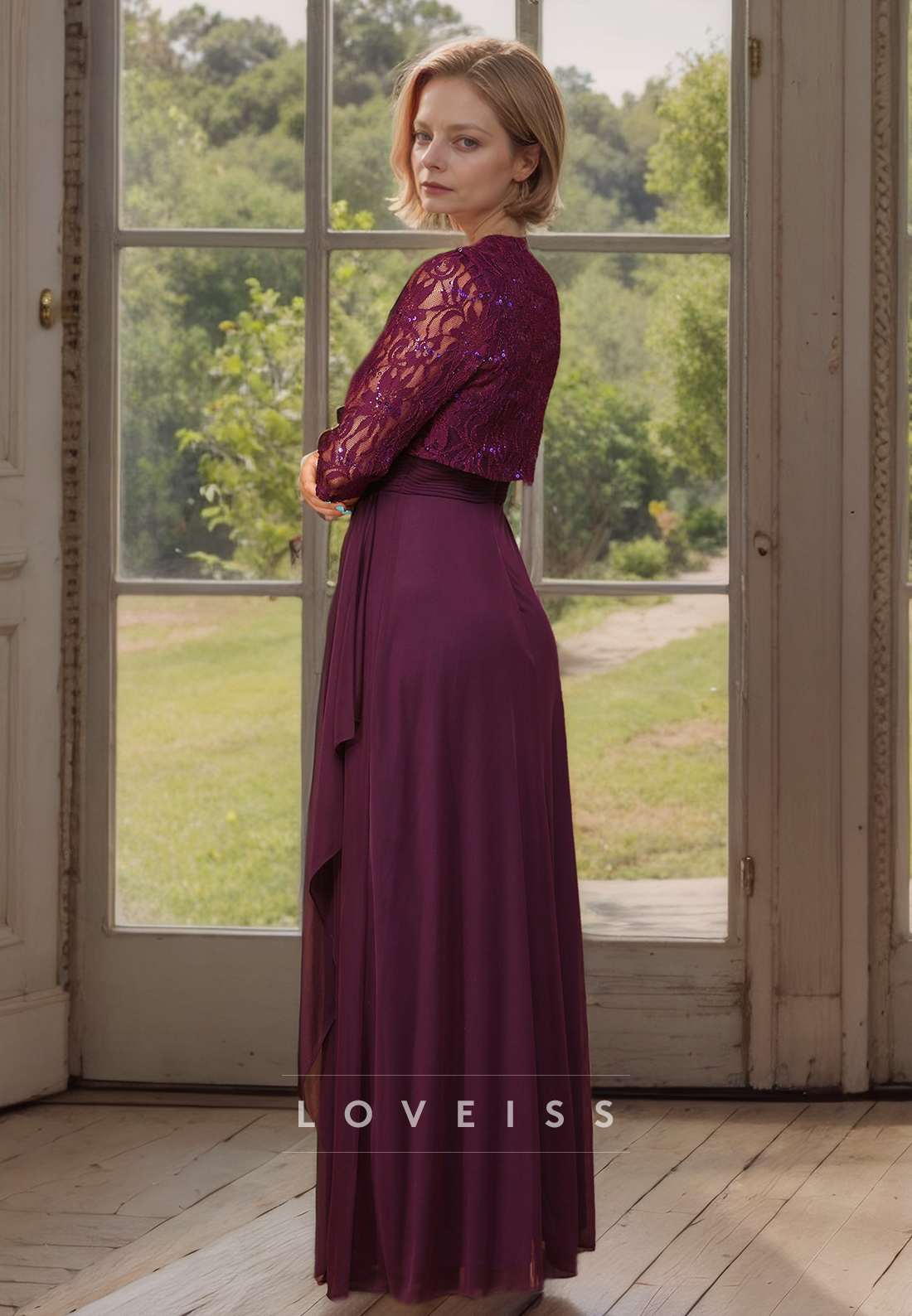 Square Long Sleeves Appliques Chiffon Pleated Ruched A-Line Mother of Bride Dress