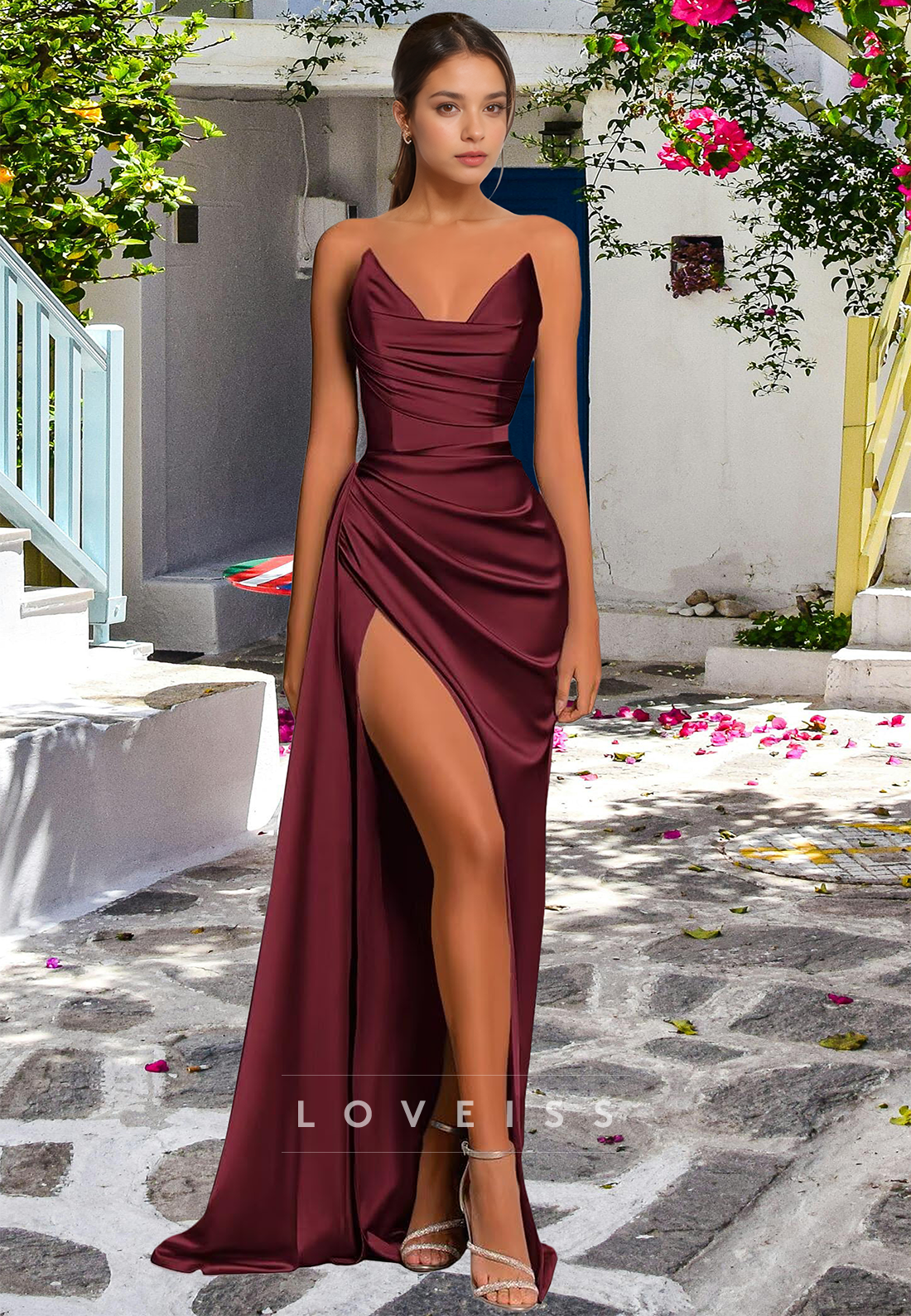 V-Neck Sleeveless Pleated Side Slit Sleek Ruched Sheath Formal Evening Dress