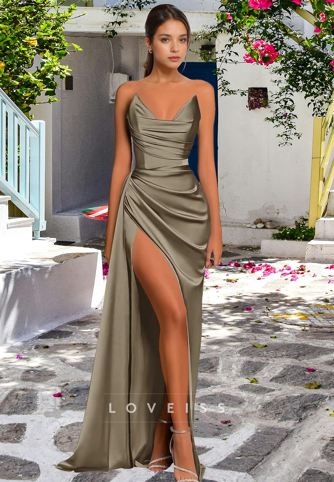 V-Neck Sleeveless Pleated Side Slit Sleek Ruched Sheath Formal Evening Dress