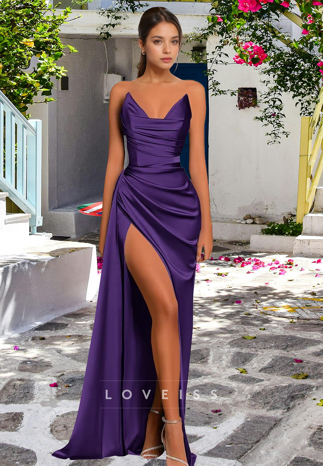 V-Neck Sleeveless Pleated Side Slit Sleek Ruched Sheath Formal Evening Dress