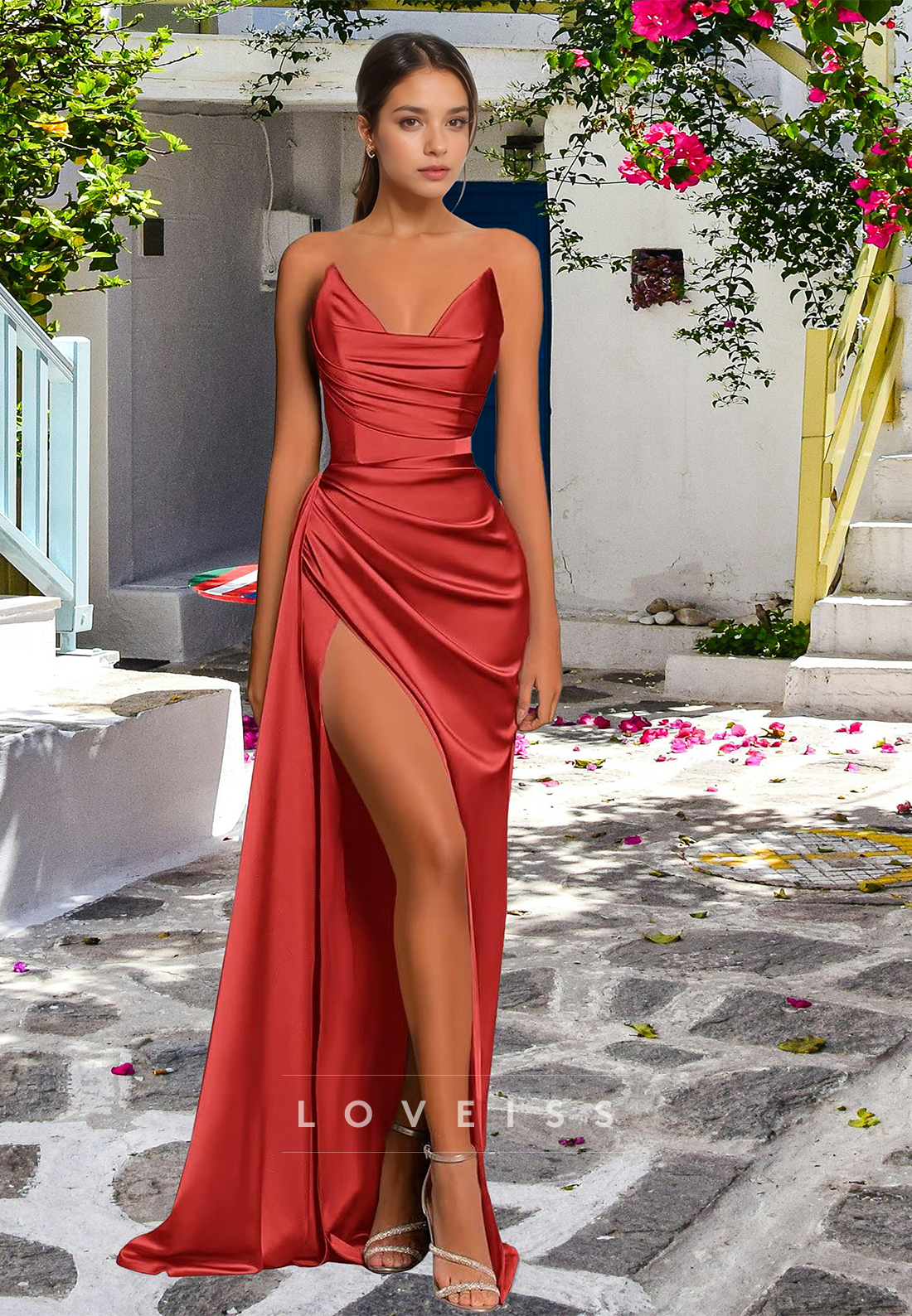 V-Neck Sleeveless Pleated Side Slit Sleek Ruched Sheath Formal Evening Dress
