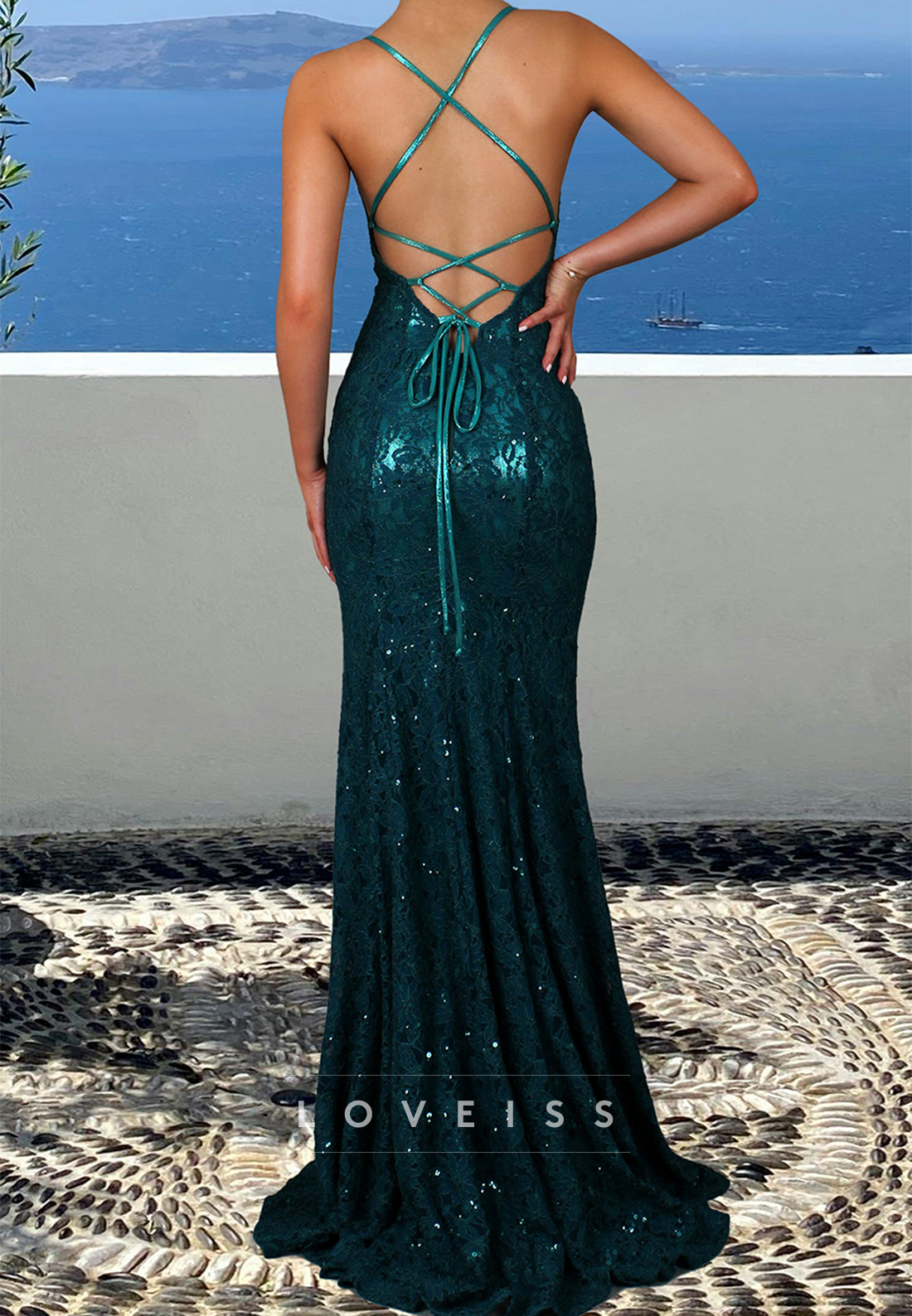 V-Neck Spaghetti Straps Appliques Lace-Up Mermaid Sparkly Prom Dress