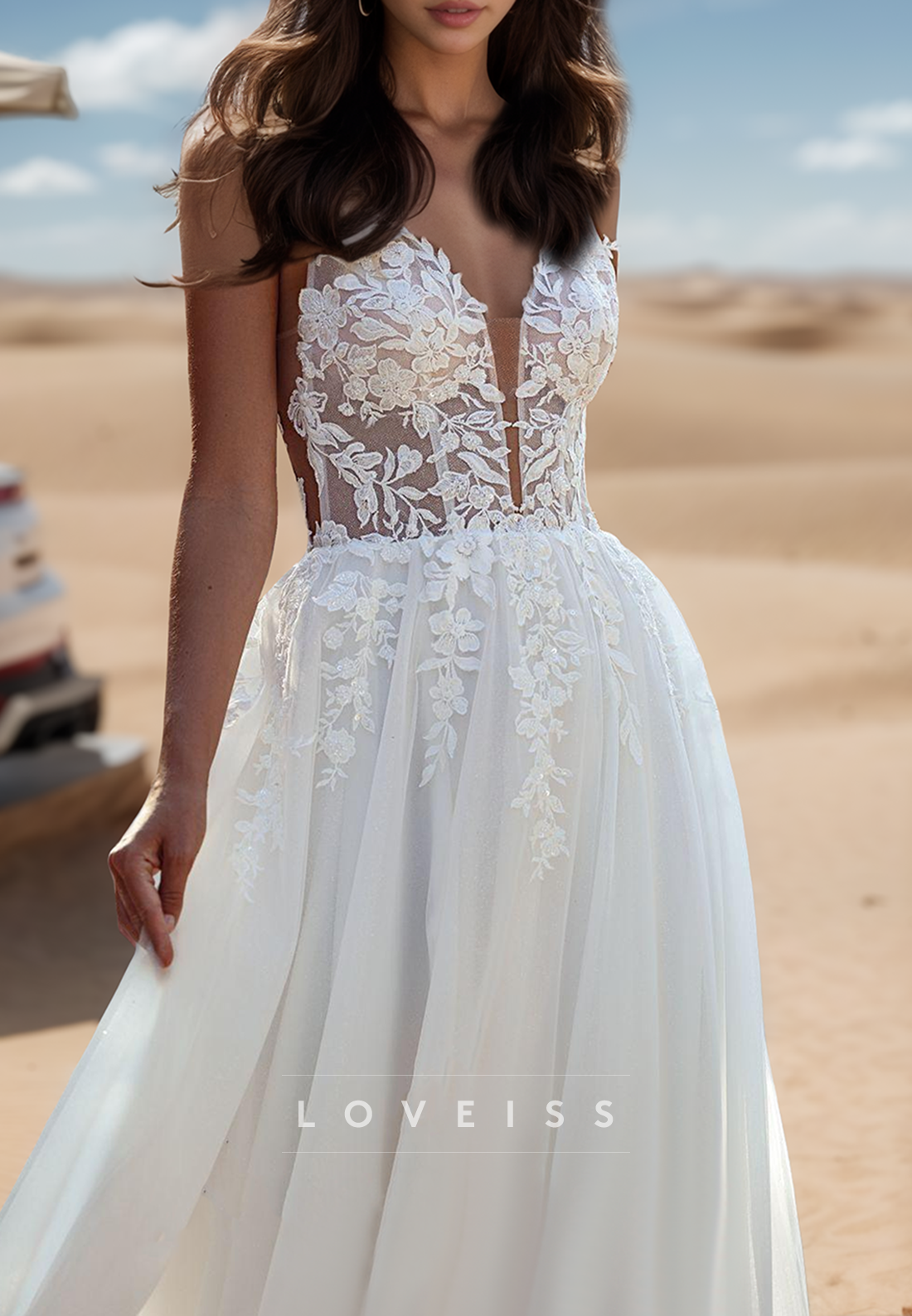 V-Neck Sleeveless Tulle Appliques A-Line Wedding Dress