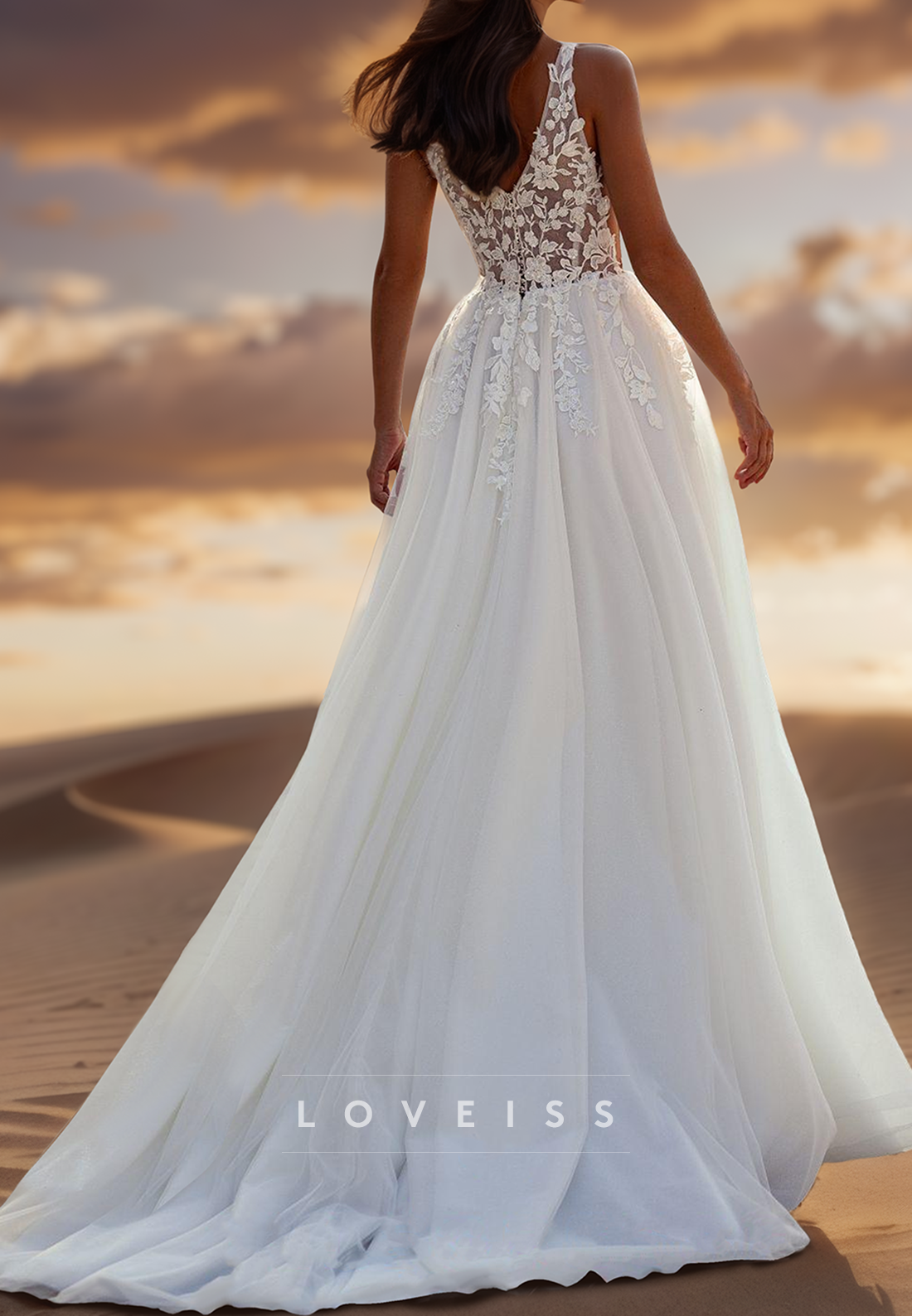 V-Neck Sleeveless Tulle Appliques A-Line Wedding Dress