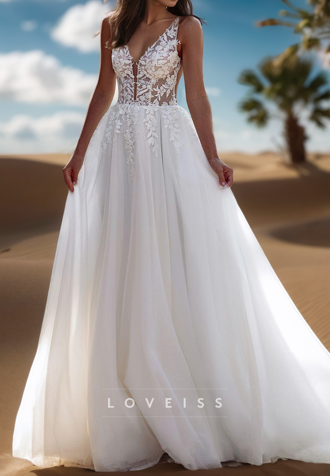 V-Neck Sleeveless Tulle Appliques A-Line Wedding Dress