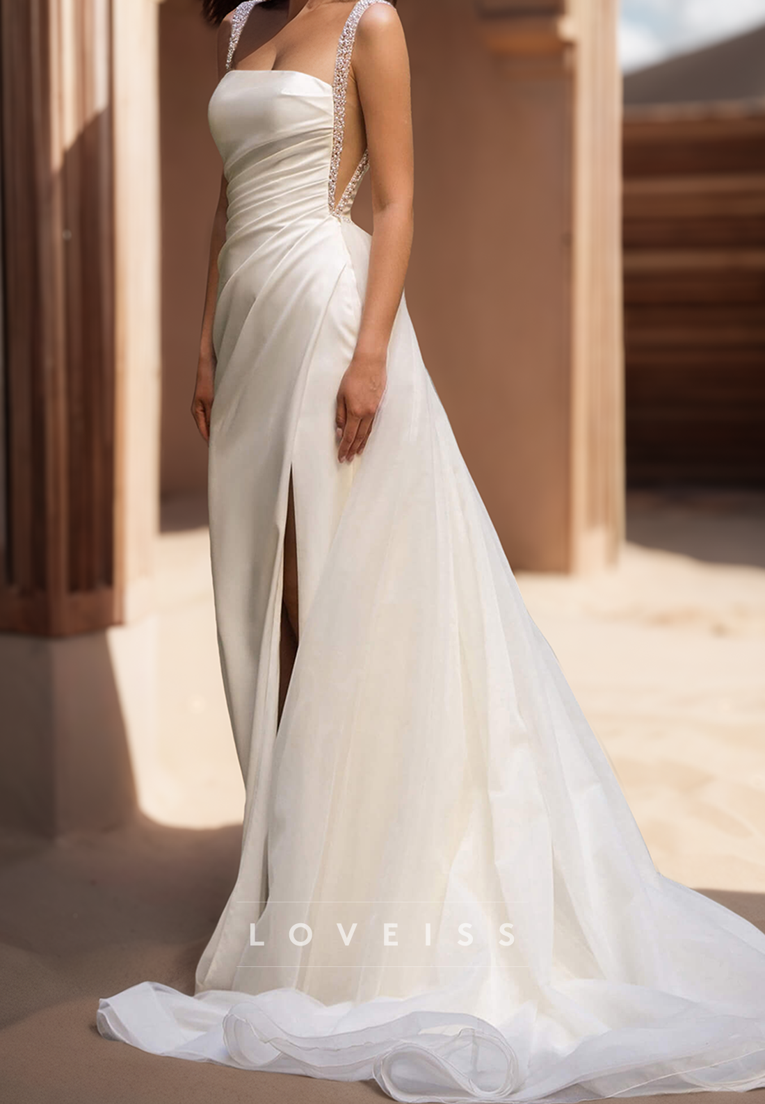 Square Straps Pleated Side Slit Satin Sheath Wedding Dress