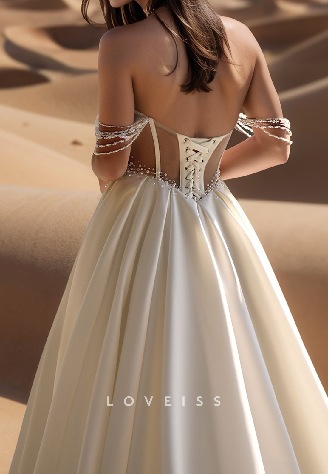 Off-Shoulder Sleeveless Beaded Sheer Pleated A-Line Wedding Dress