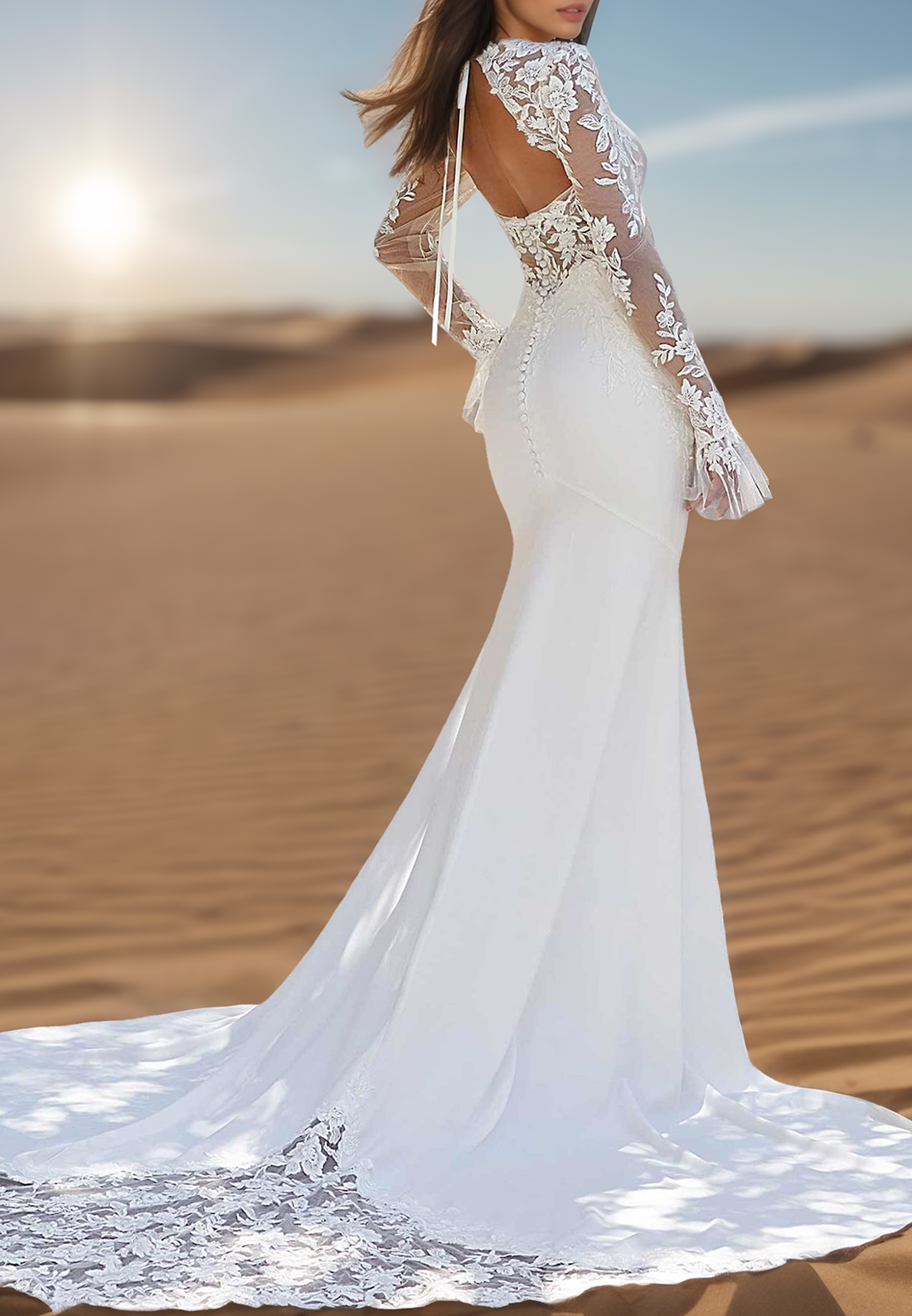 Square Long Sleeves Lace Appliques Mermaid Wedding Dress
