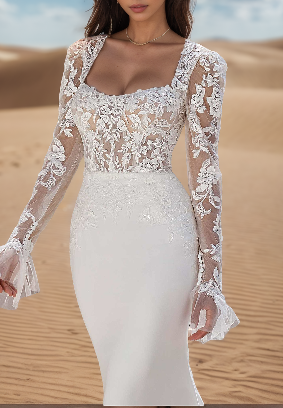 Square Long Sleeves Lace Appliques Mermaid Wedding Dress