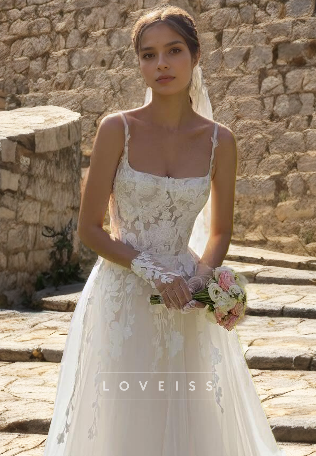 Square Sleeveless Appliques Tulle A-Line Beach Wedding Dress