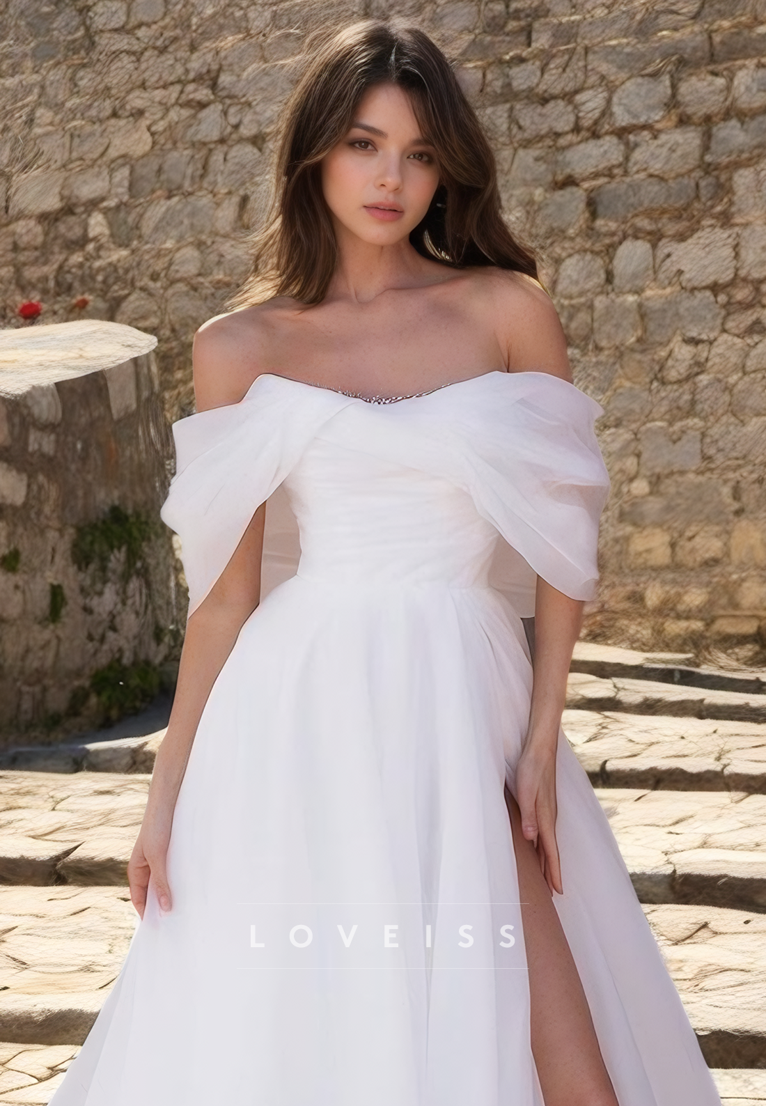 Off-Shoulder Strapless Tulle HIgh Slit Ball Gown A-LIne Wedding Dress