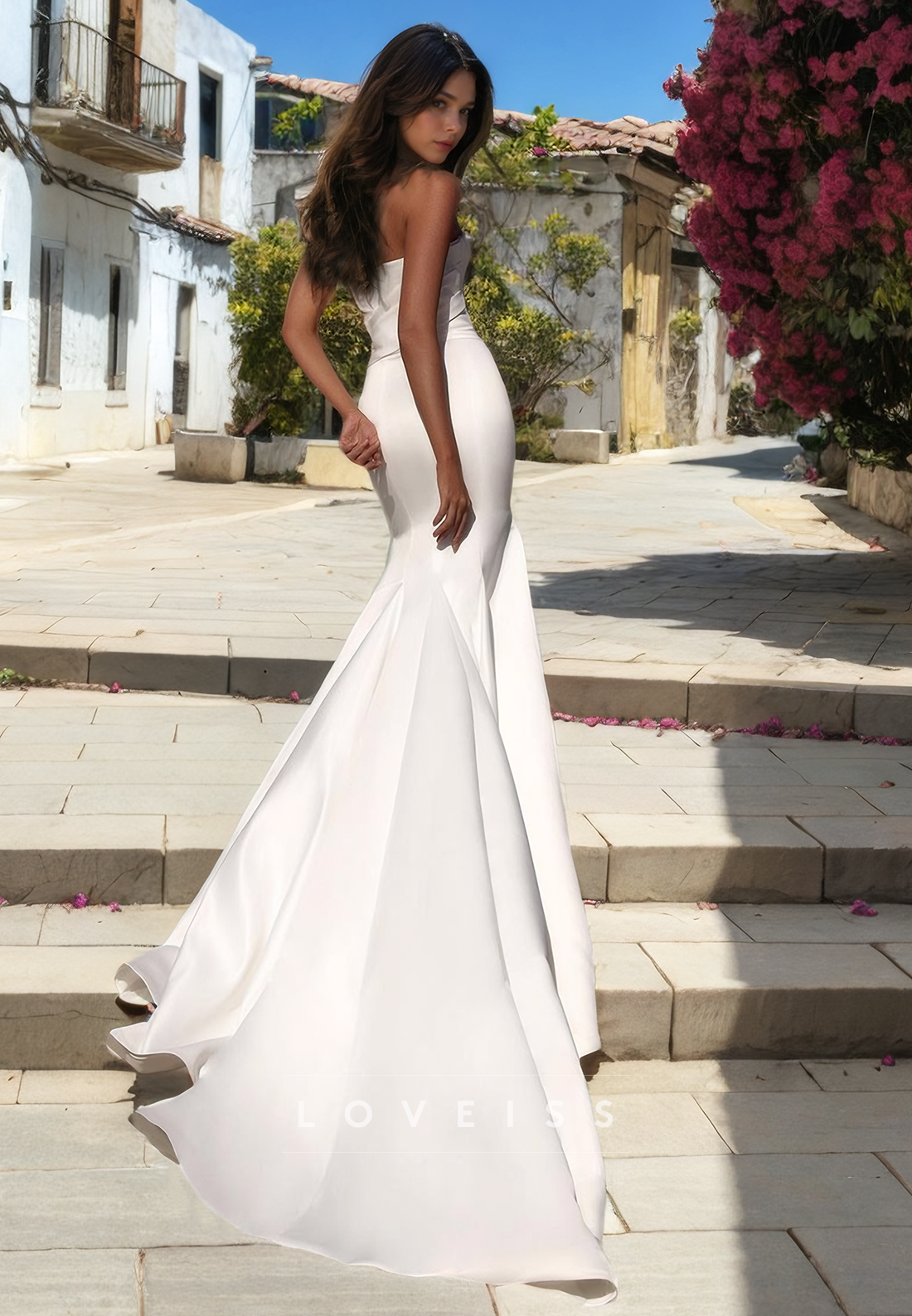 Mermaid Strapless Satin Pleats Boho Wedding Dress with Train Bridal Gown