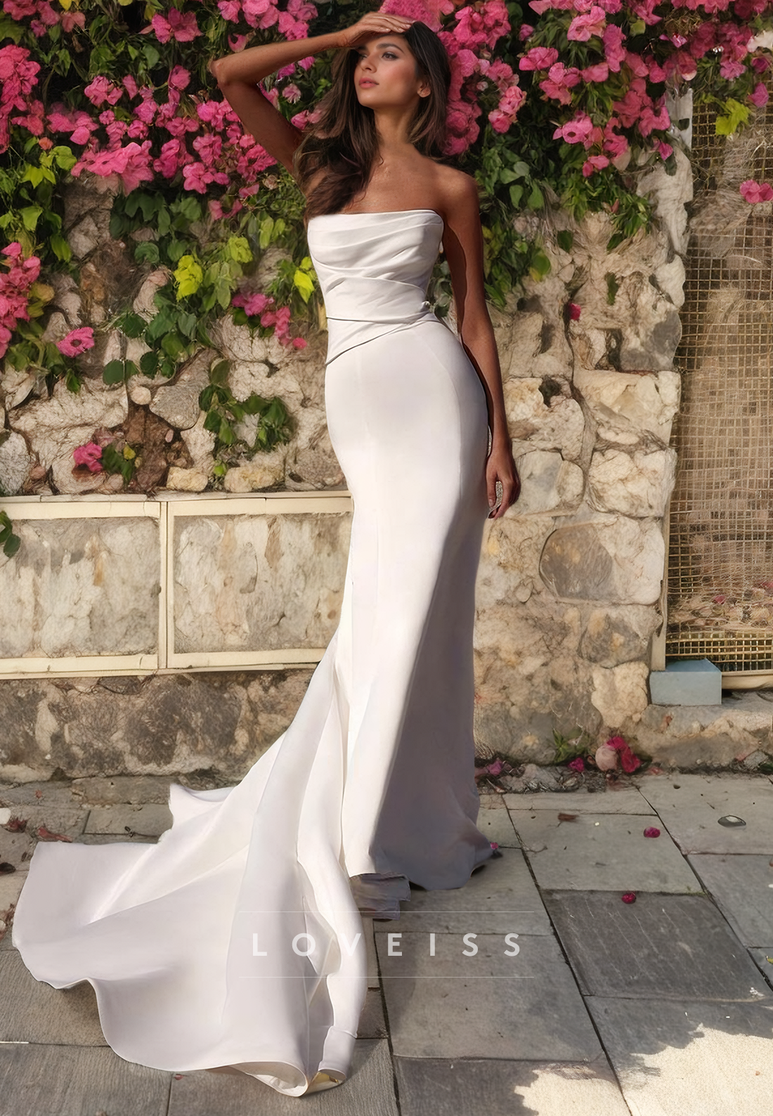 Mermaid Strapless Satin Pleats Boho Wedding Dress with Train Bridal Gown