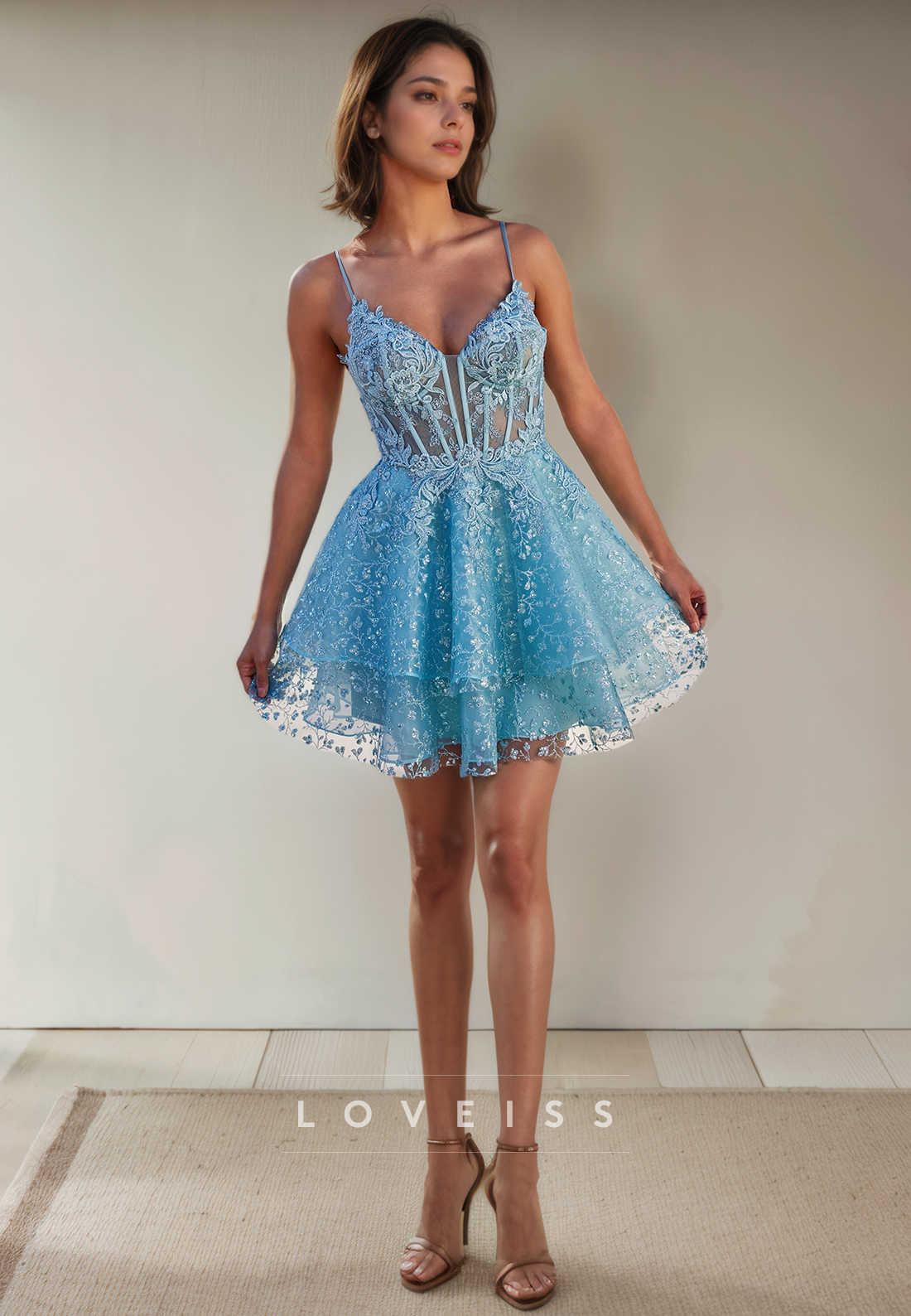 A Line Spaghetti Straps Lace Homecoming Dress Short Prom Party Dress