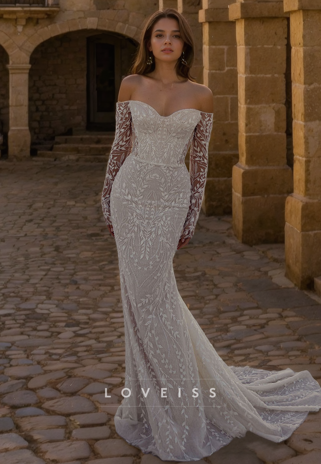Sweetheart Long Sleeves Appliques Mermaid Wedding Dress
