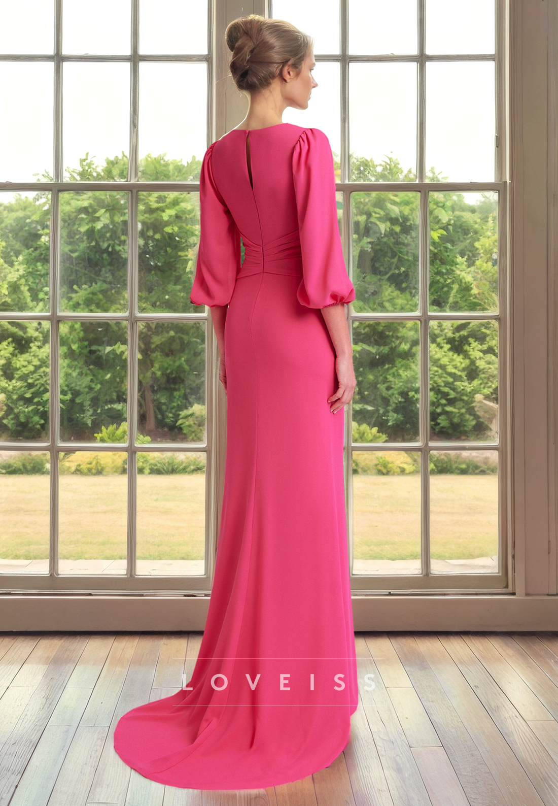 V-Neck Long Sleeves Chiffon Ruched Long Mother of Bride Dress Cocktail Dress