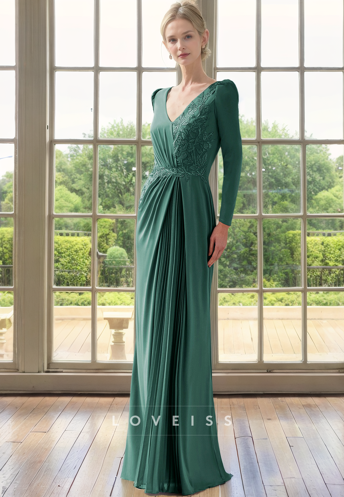 V-Neck Long Sleeves Ruched Sheath Sleek Satin Mother of Bride Dress Cocktail Dress