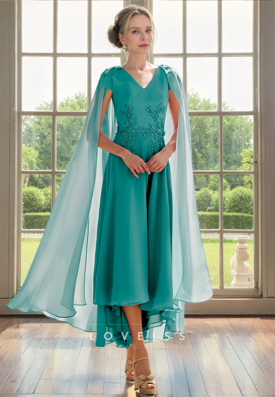 V-Neck Cap Sleeves Appliques Chiffon A-Line Mother of Bride Dress Cocktail Dress