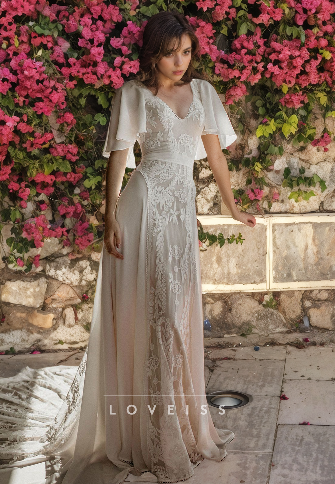 V-Neck Sleeves Chiffon Appliques A-Line Boho Wedding Dress