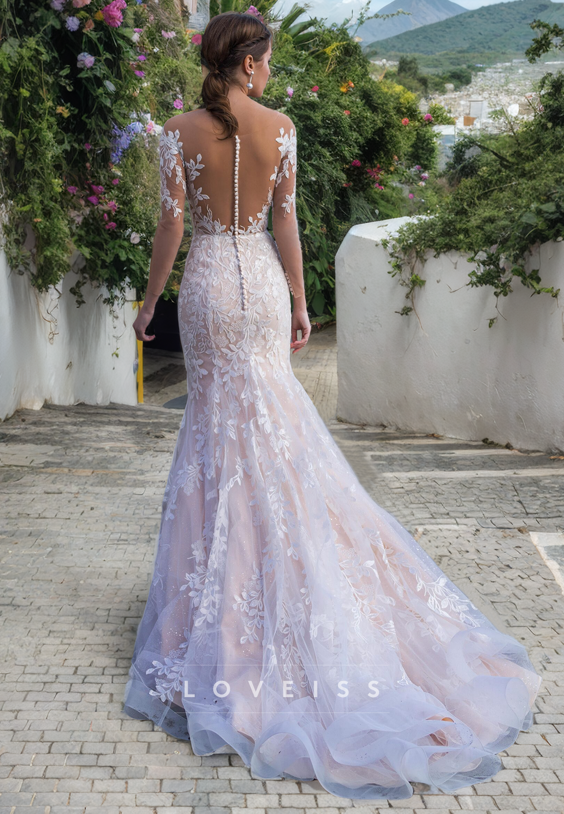 Unique Illusion Neckline Lace Mermaid Wedding Dress with Sleeves