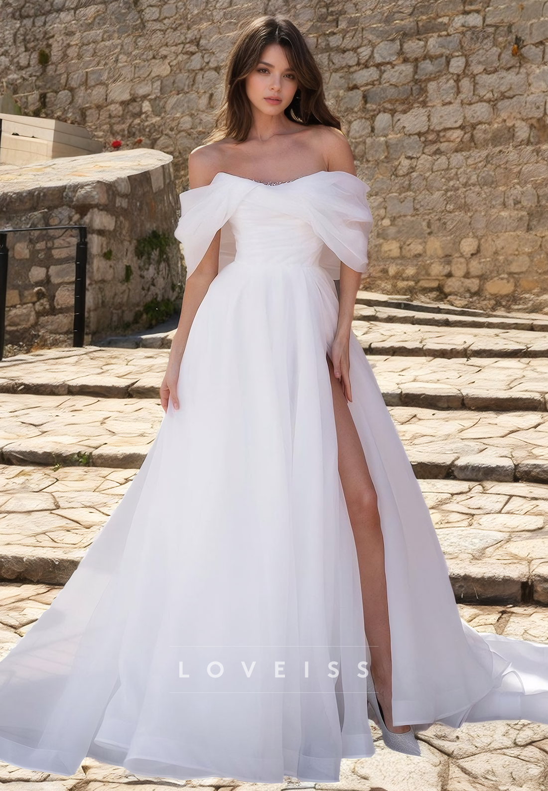 Off-Shoulder Strapless Tulle HIgh Slit Ball Gown A-LIne Wedding Dress