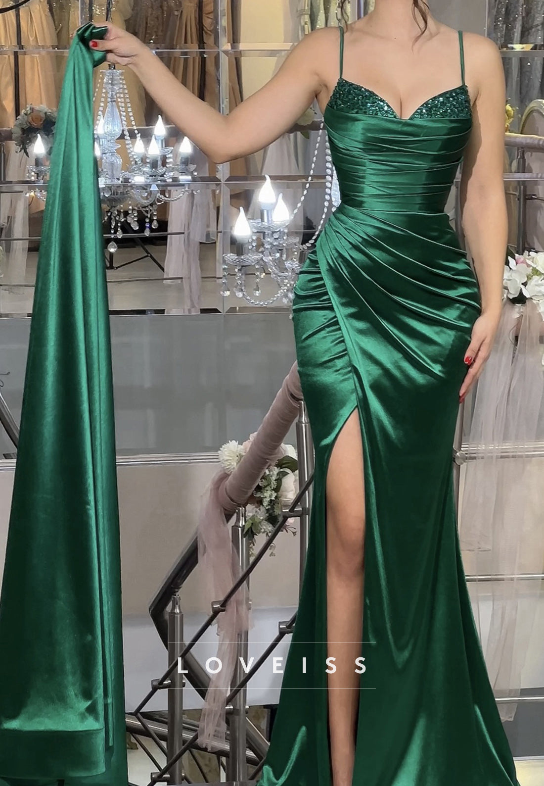 V-Neck Spaghetti Straps Sequins Pleated Side Slit Sheath Prom Dress